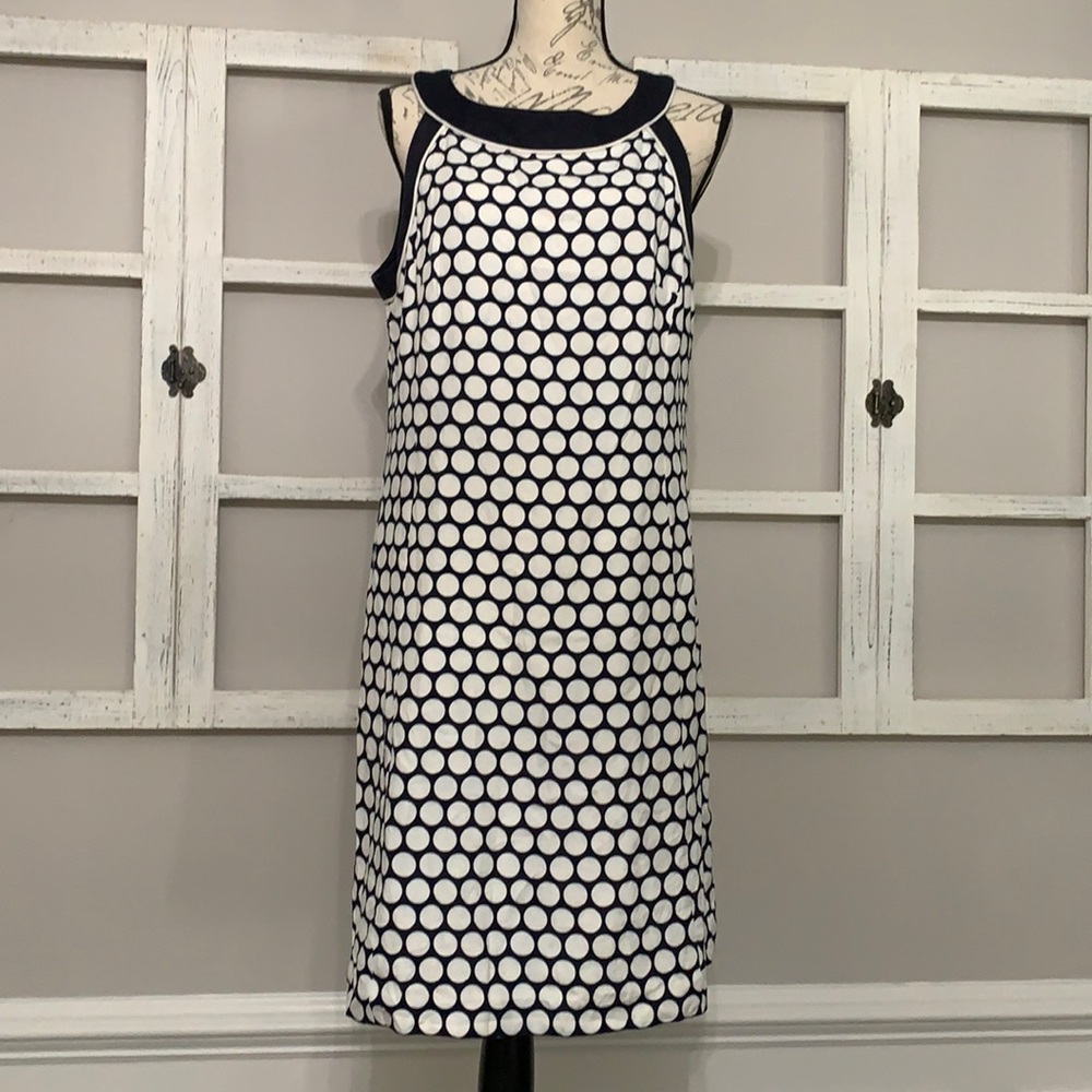 Ann Taylor Women’s Dress  Navy White Polka Dot Sleeveless Lined size 14 EUC